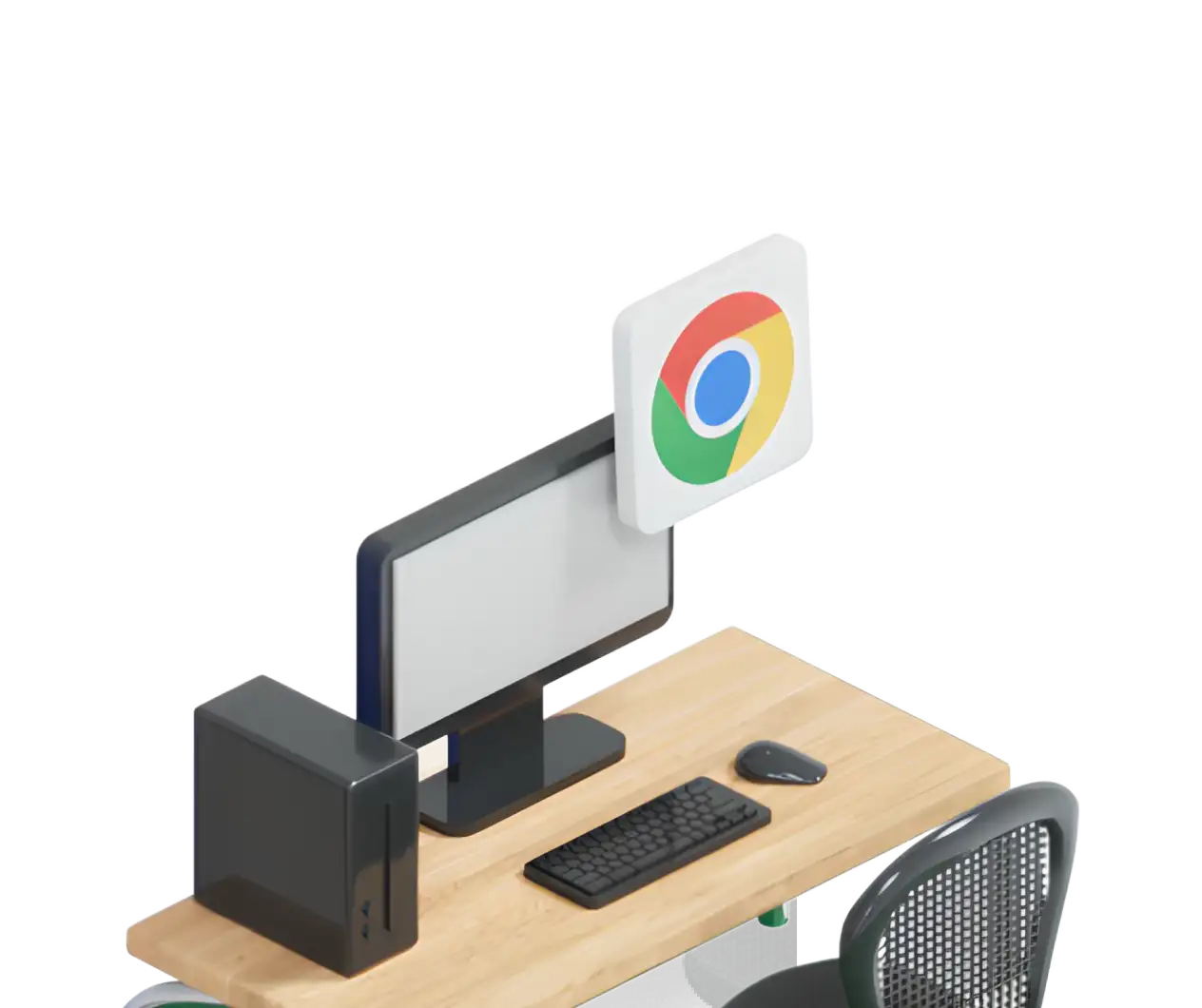 3D-animated still image of a desktop computer in classroom with a Google Chrome logo floating in front of it.