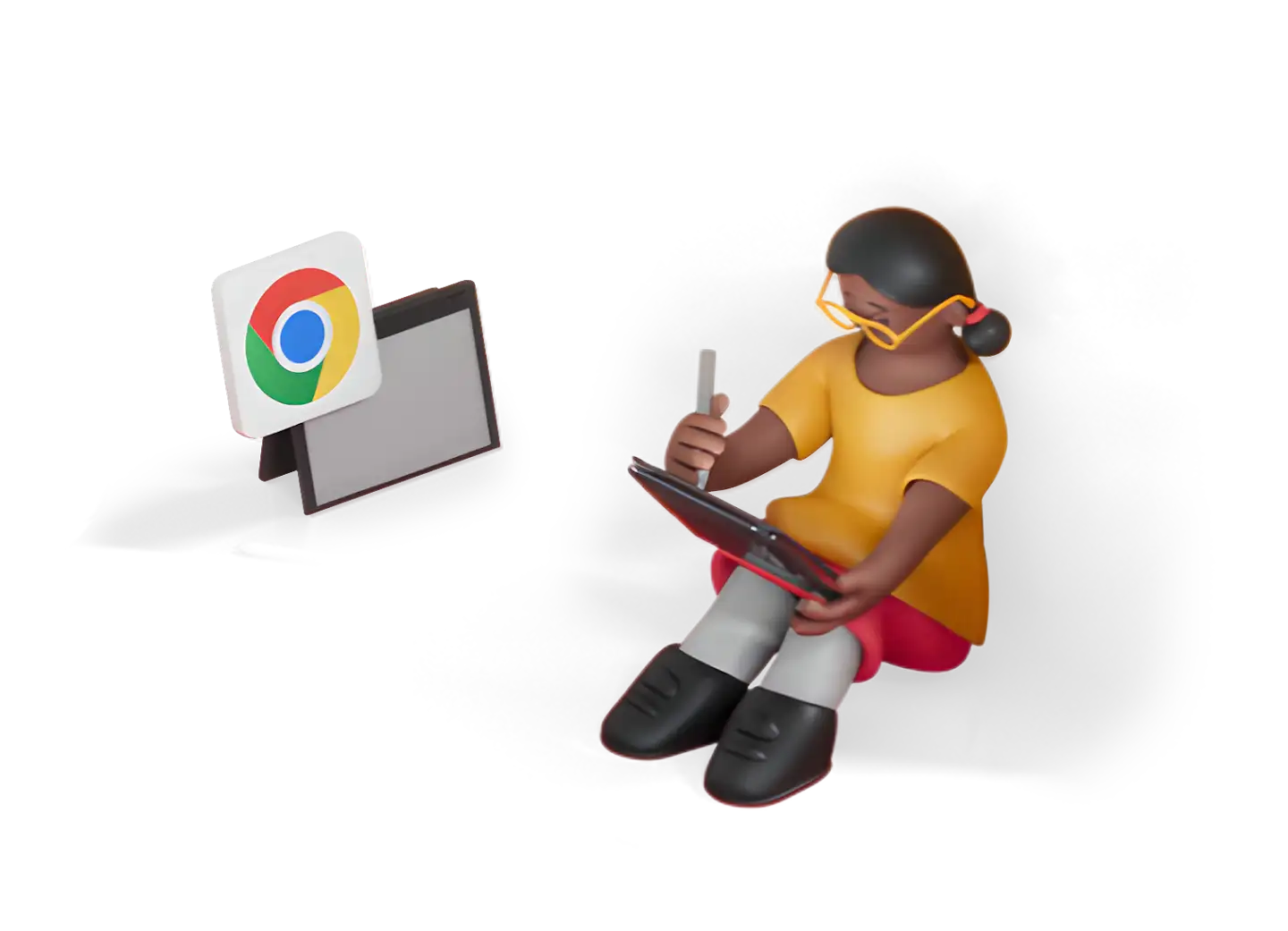 3D-animated child using a tablet with a stylus. A convertible tablet with the Google Chrome logo nearby.