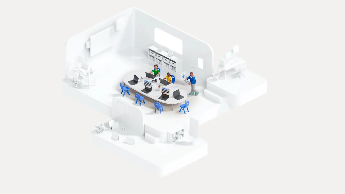 Top-down 3/4 view of a 3D-animated classroom featuring students using Chromebooks at a large obong table.